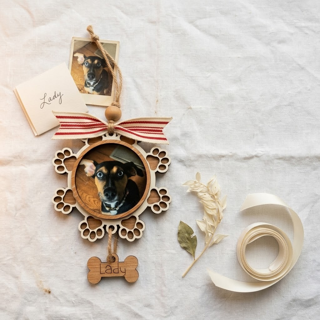Decorative wooden photo frame with a dog's face, ribbon, and 'Lady' tag on a marble surface.