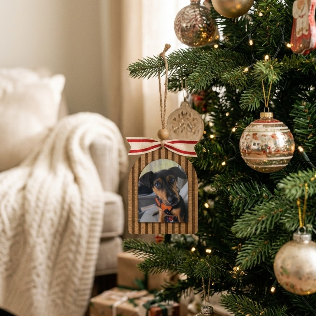 Decorative Christmas tree with ornaments and a photo frame, surrounded by wrapped gifts and a cozy chair.