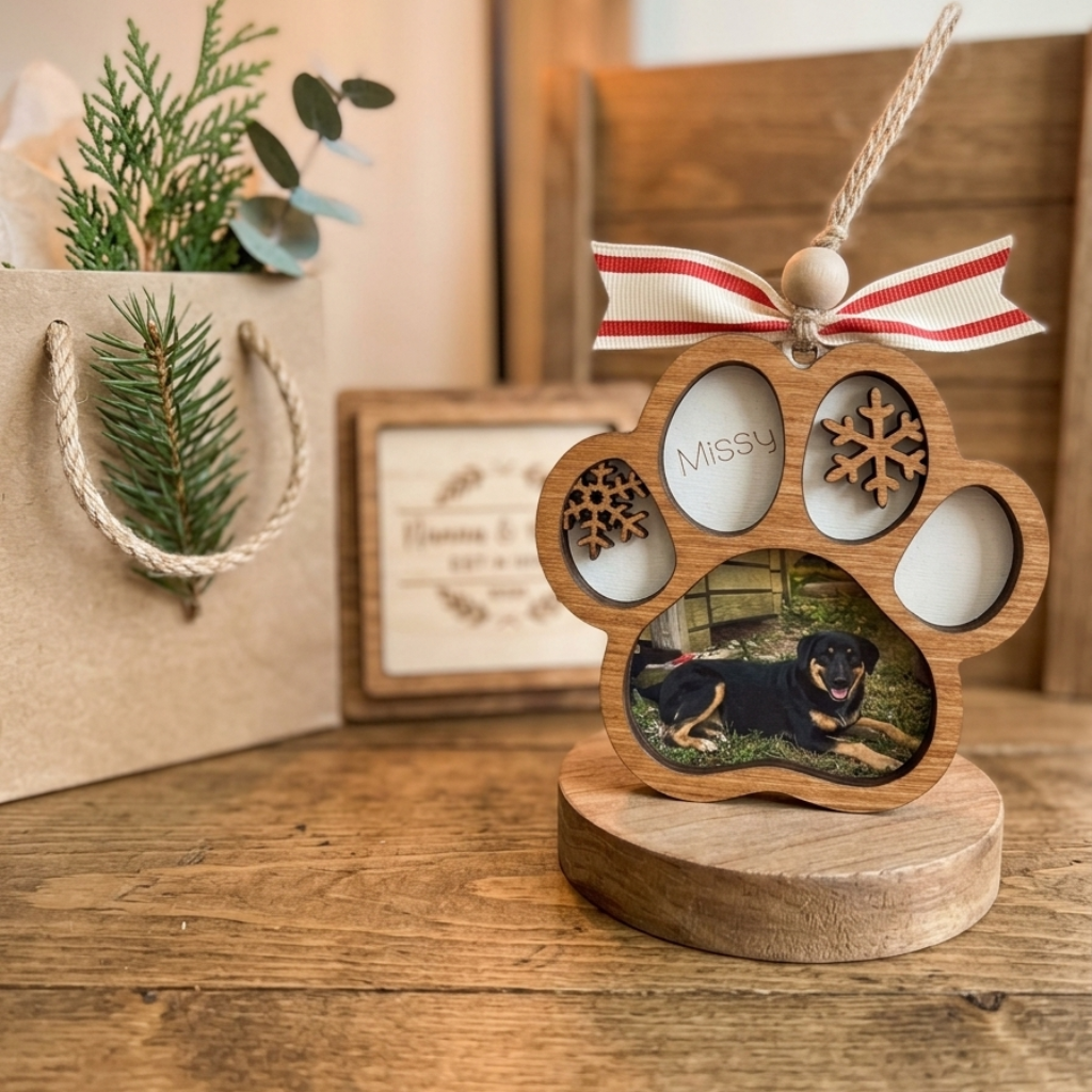 Wooden paw-shaped ornament with a photo of a dog and the name 'Missy' on a wooden surface.