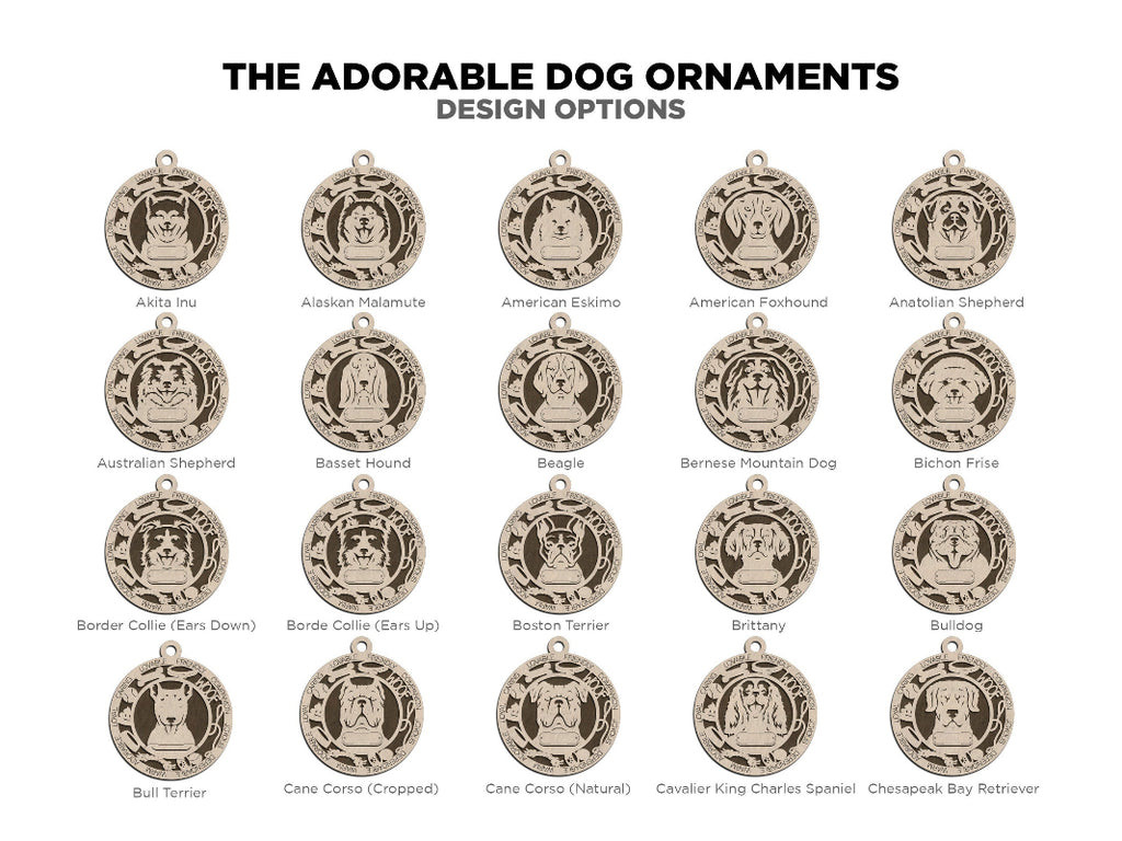Showing the different adorable dog ornament options provided.