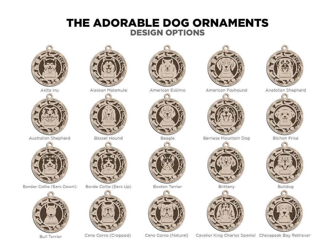 Showing the different adorable dog ornament options provided.