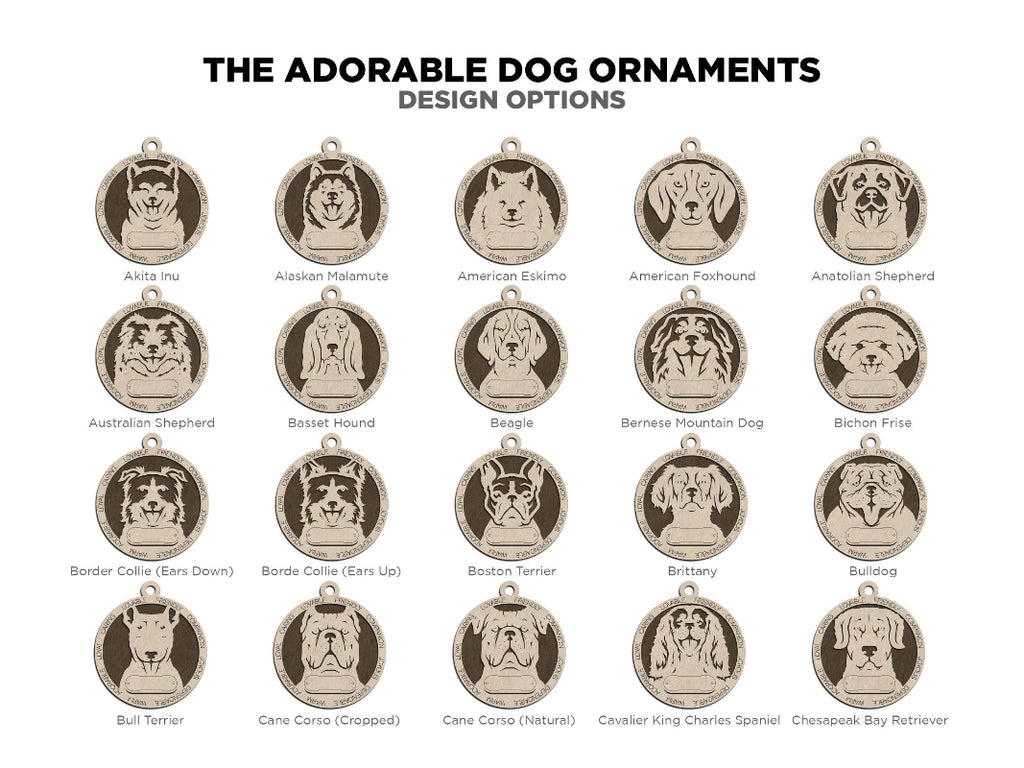 Showing the different adorable dog ornament options provided.