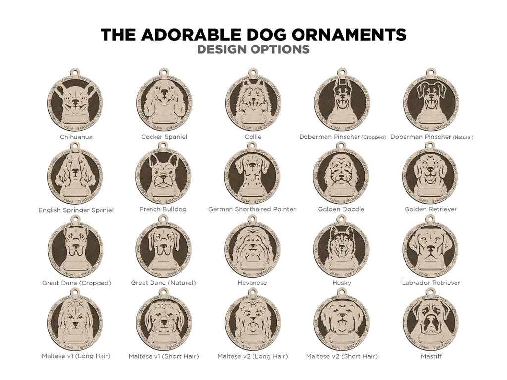 Showing the different adorable dog ornament options provided.