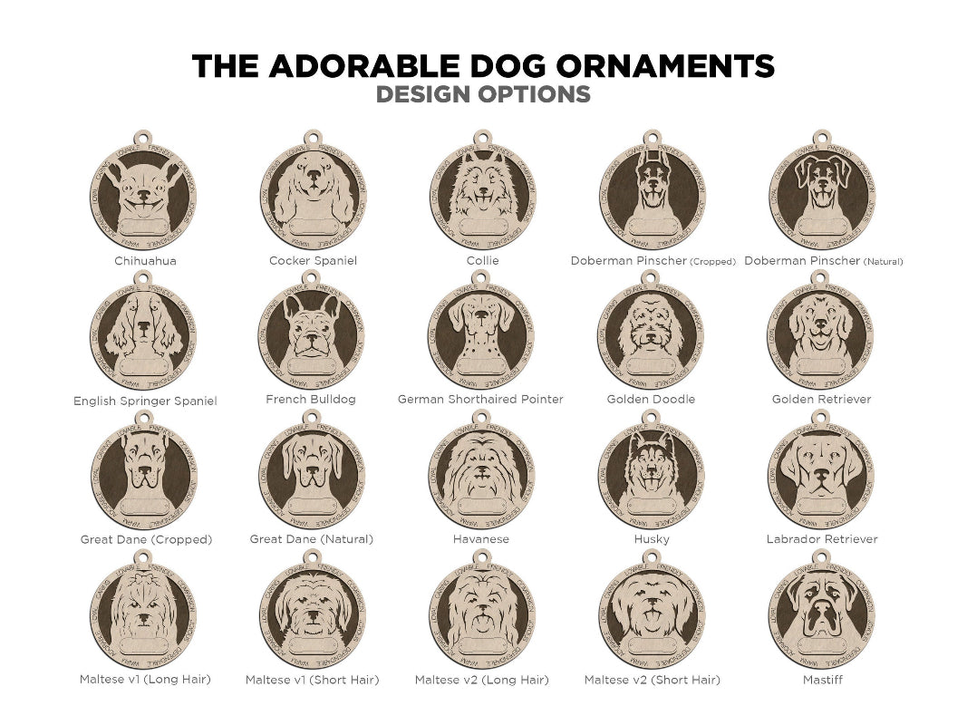 Showing the different adorable dog ornament options provided.