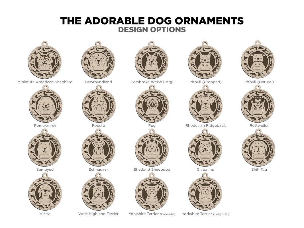 Showing the different adorable dog ornament options provided.