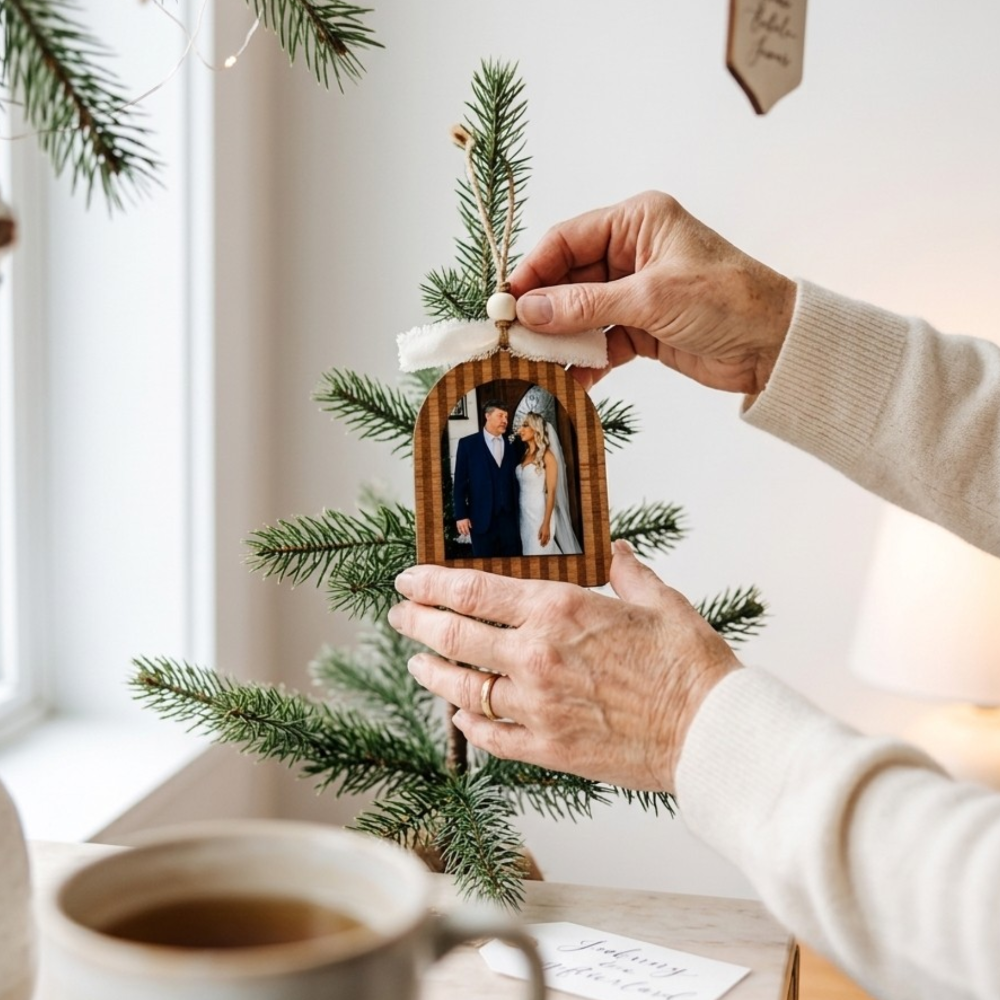 Person holding a wooden ornament with a photo of a couple on a Christmas tree.