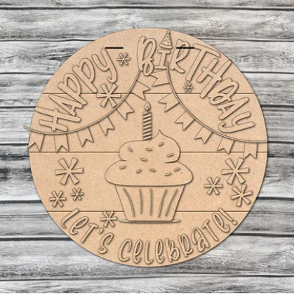 Happy Birthday, Let's Celebrate with a cupcake DIY door sign for crafters.