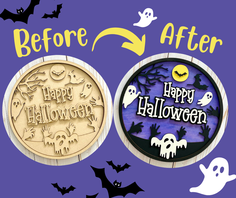Before and after of the Halloween sign you can make.