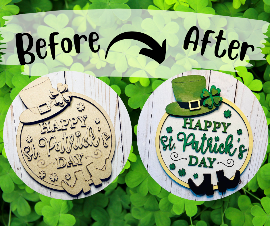 Before and after of the St Patrick's Day sign you can make.