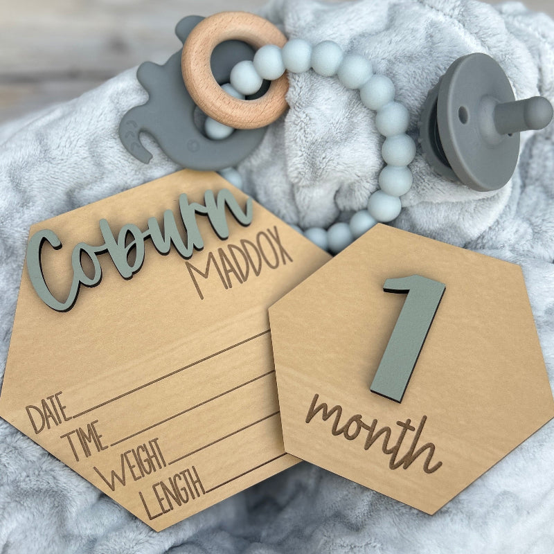 Hexagon shaped new baby name announcement and milestone gift set.