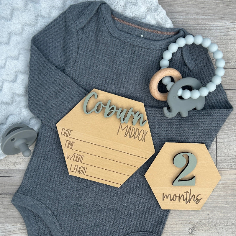 Monthly milestone and baby name announcement.