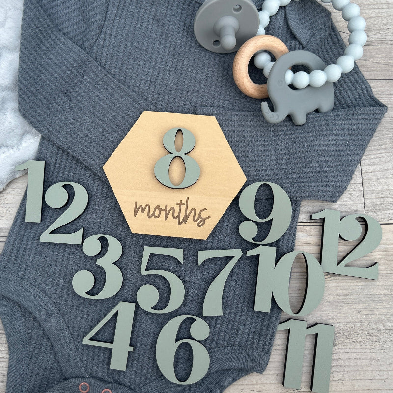 Hexagon shaped new baby monthly milestones.