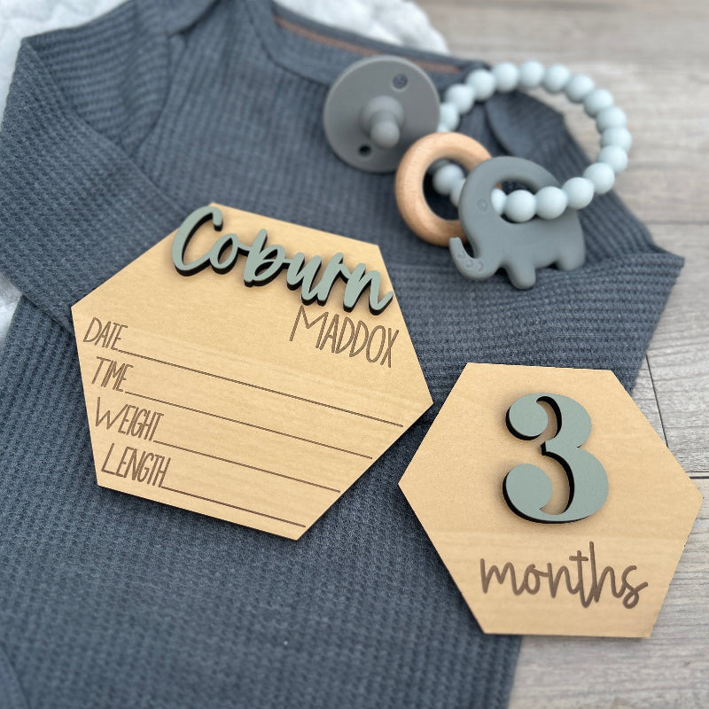 Hexagon shaped photo prop gift set for new babies.