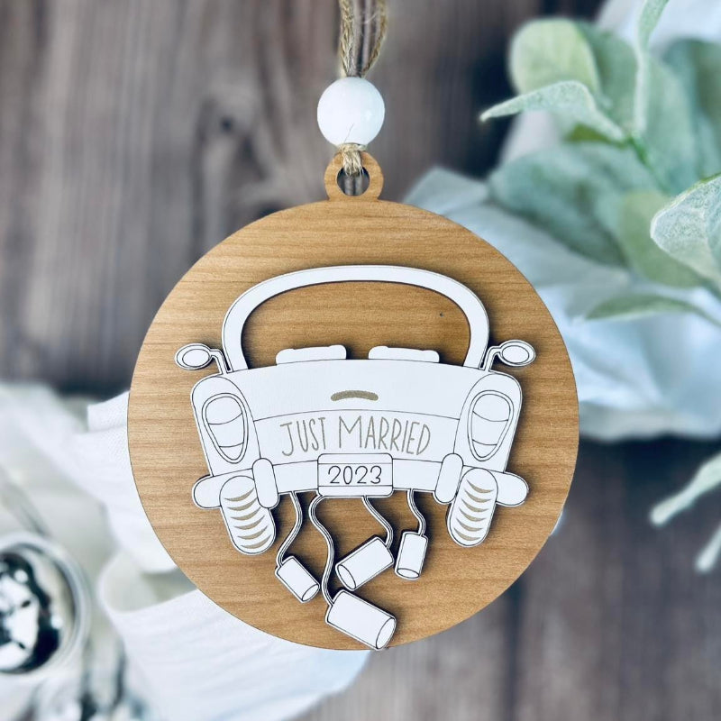 Just Married Car ornament with the year the bride and groom had their wedding.