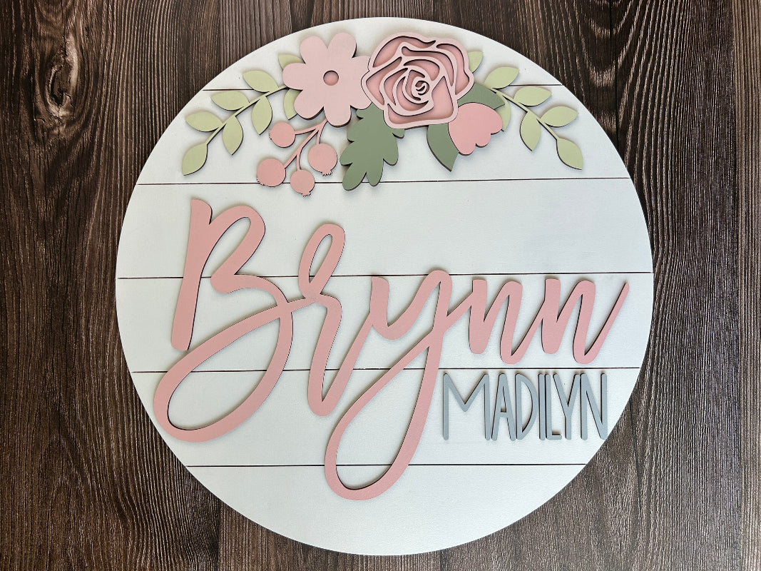 Baby name sign with pink flowers.