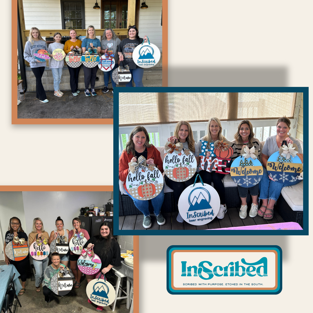 Collage of people holding signs with various designs and 'InScribed' branding.