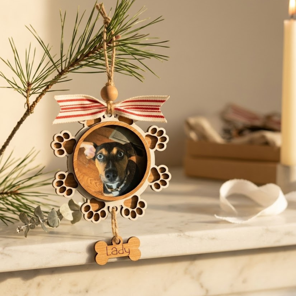 Wooden ornament with a dog's photo and 'Lady' tag, hanging on a tree branch.