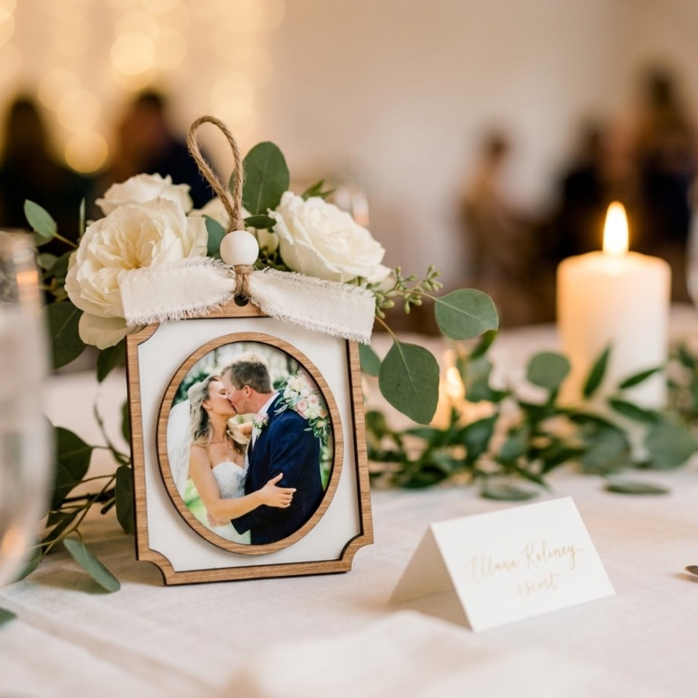 Decorative table setting with a photo frame, flowers, and a candle.