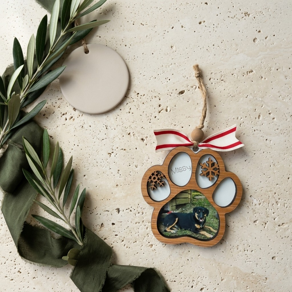 Wooden paw-shaped ornament with a photo of a dog, tied with a ribbon, on a textured surface with greenery.
