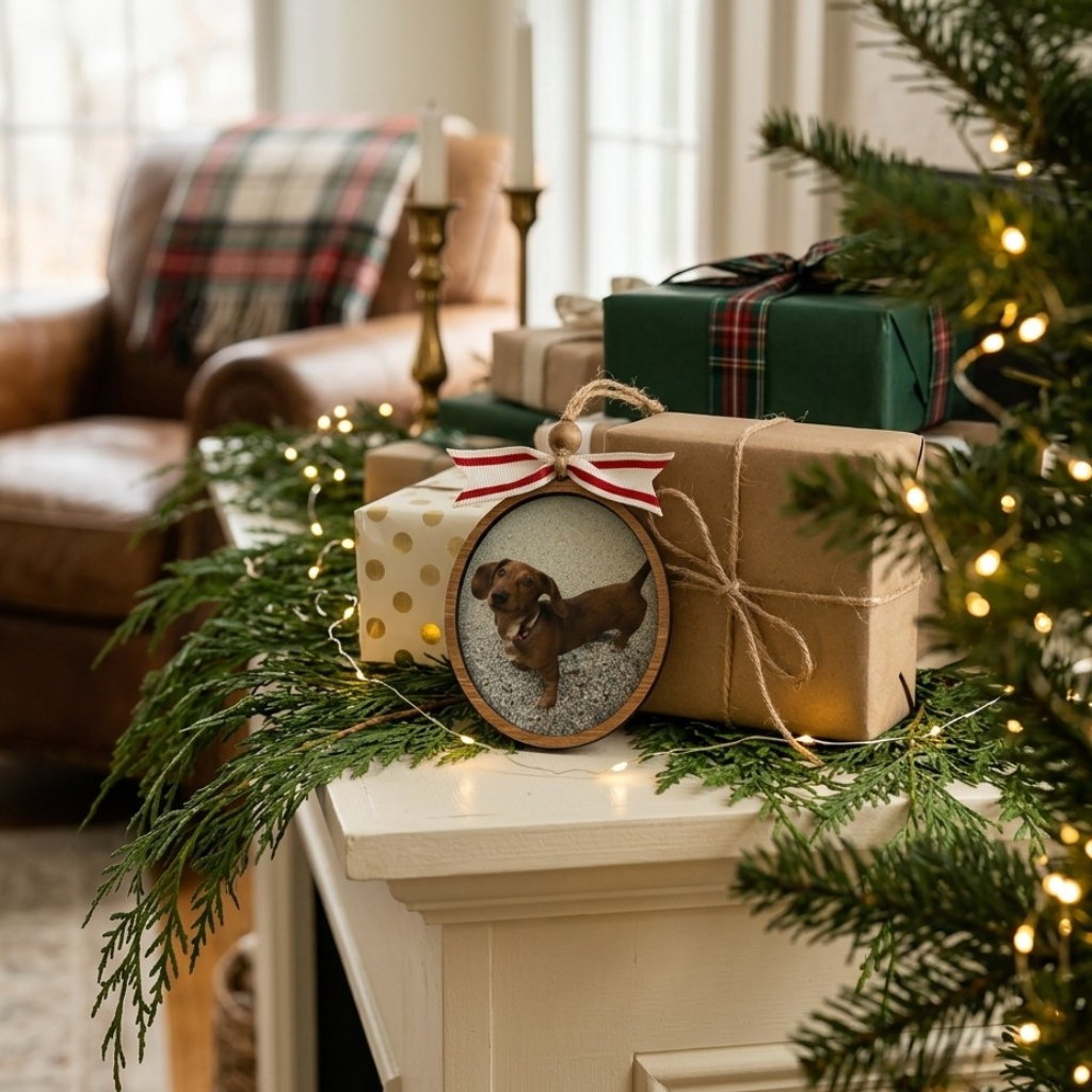 Christmas decorations with presents and a small dog ornament on a mantelpiece.
