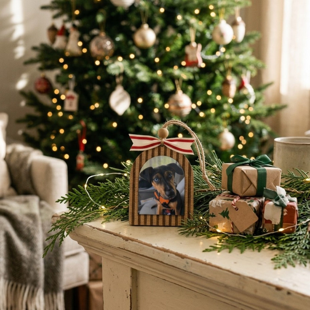 Decorative Christmas scene with a tree, ornaments, and a small house-shaped frame on a mantelpiece.