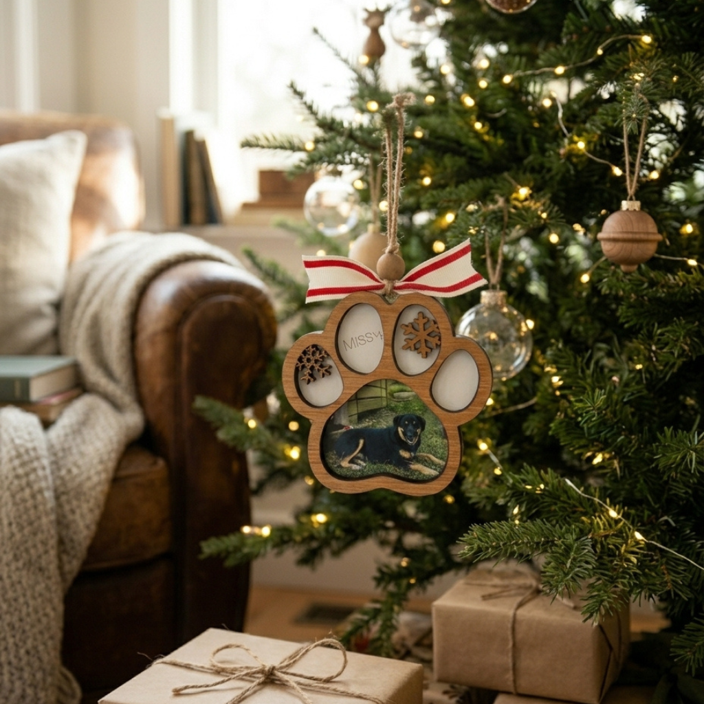Decorative paw print ornament with a photo of a dog hanging on a Christmas tree.