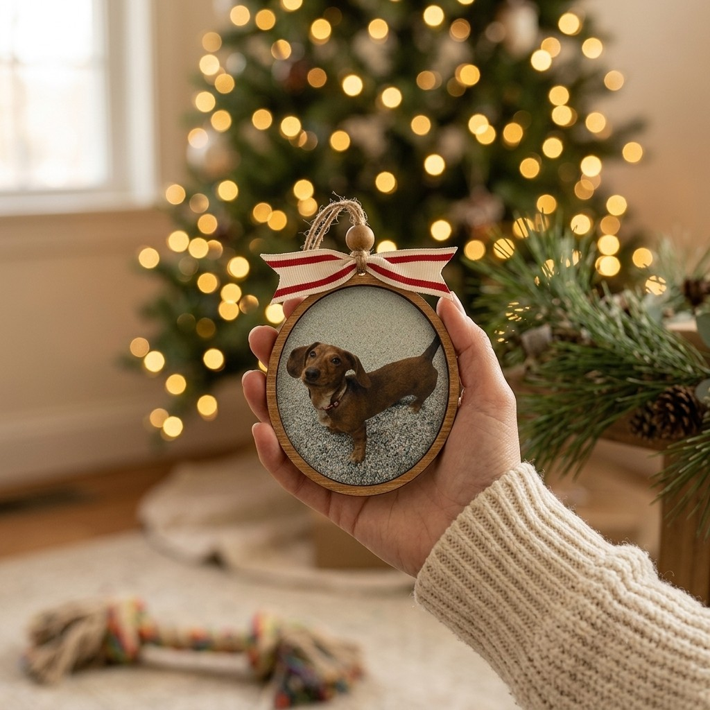 Hand holding a circular photo ornament with a dog inside, Christmas tree in the background