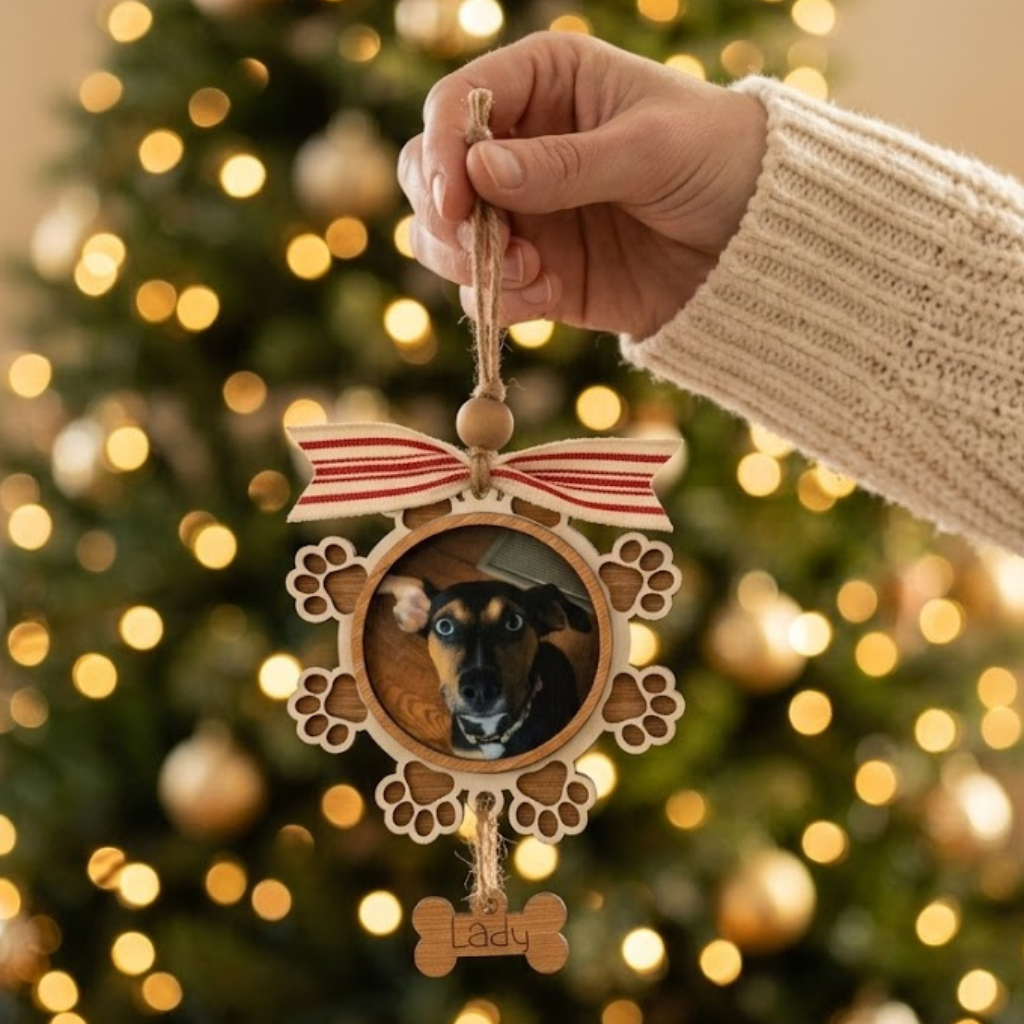 Hand holding a wooden ornament with a dog's face, against a Christmas tree background.