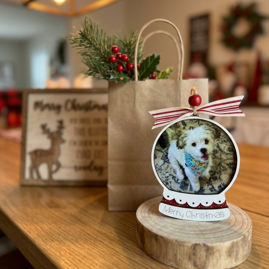 Decorative Christmas ornament with a dog's face on a wooden base, with a gift bag and festive decor in the background.