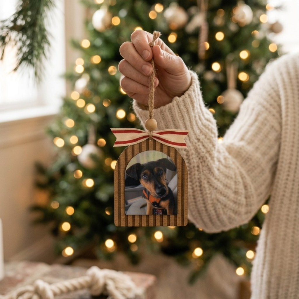 Hand holding a Christmas ornament with a dog's photo in front of a decorated tree.