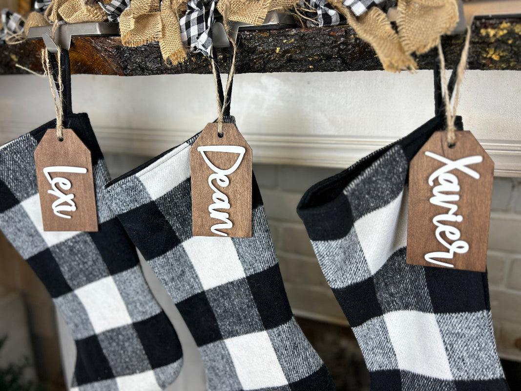 Close up of the stocking name tags.