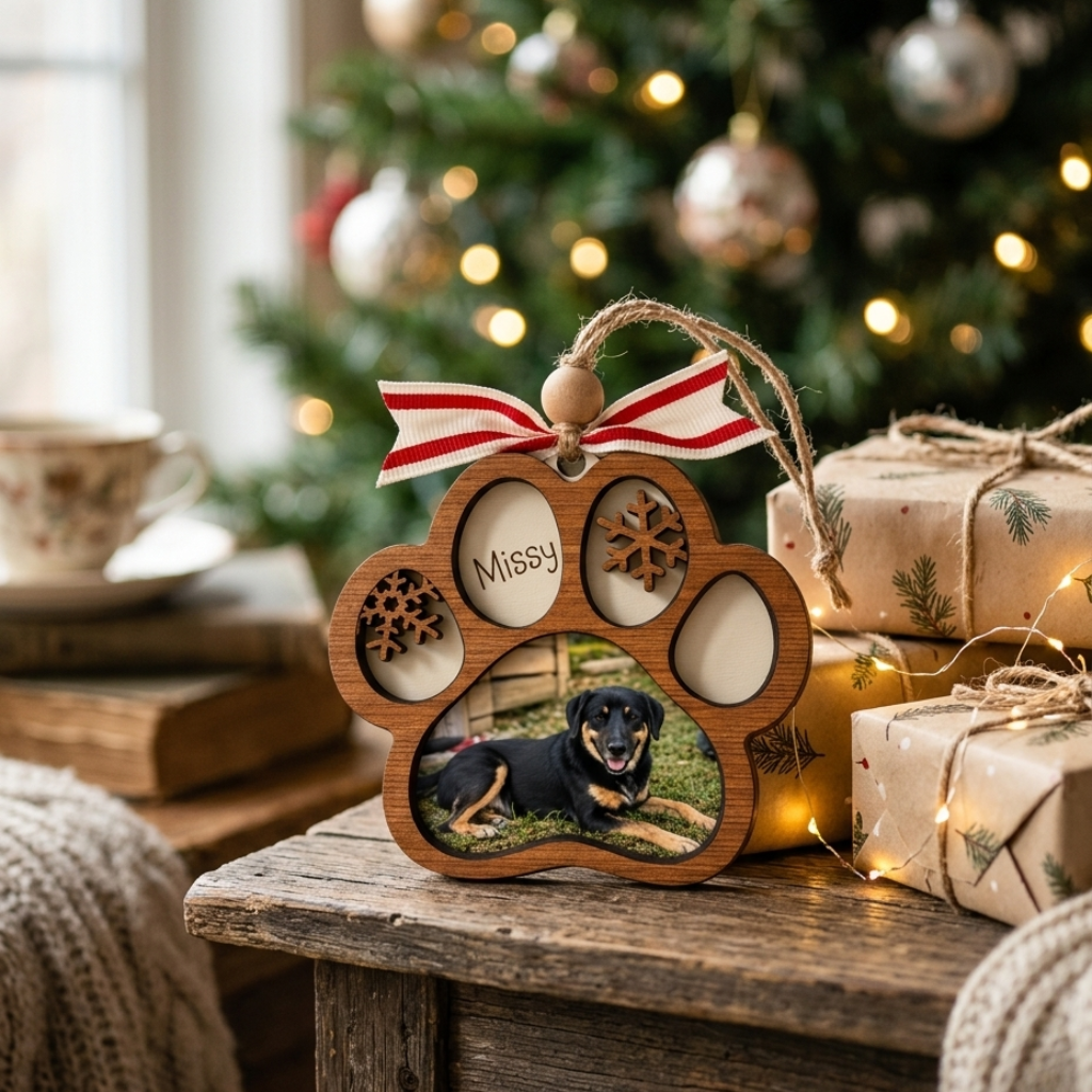 Wooden paw-shaped photo frame with a dog picture, hanging on a festive table with Christmas decorations.