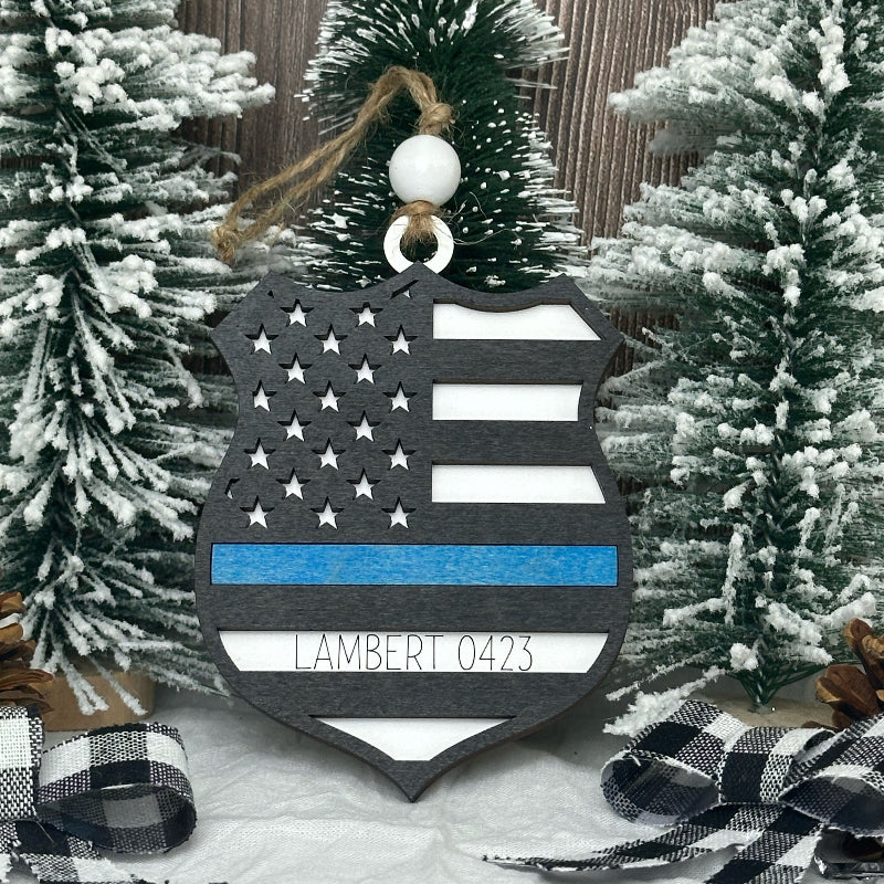 Police Badge ornament personalized with a name and badge number.