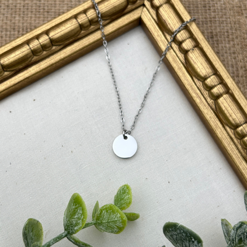Silver necklace with a round pendant on a white surface with a gold frame and green leaves.