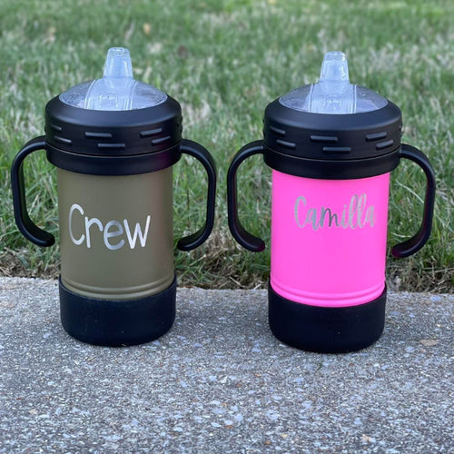 Engraved sippy cups with handles.