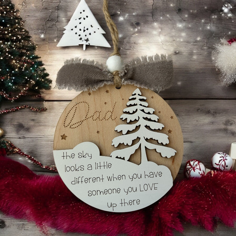 Snowy memorial ornament with a name written in the stars.