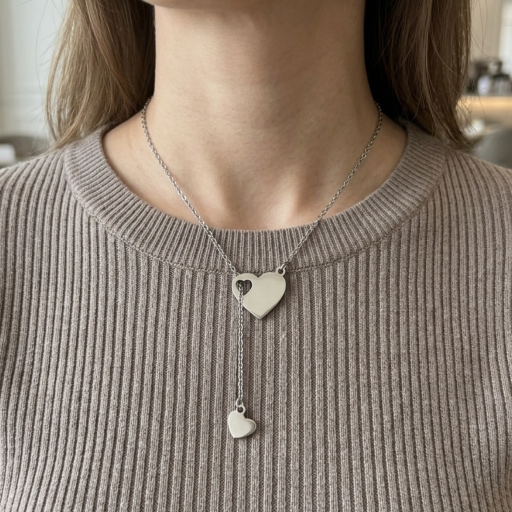 Person wearing a necklace with heart-shaped pendants on a neutral background