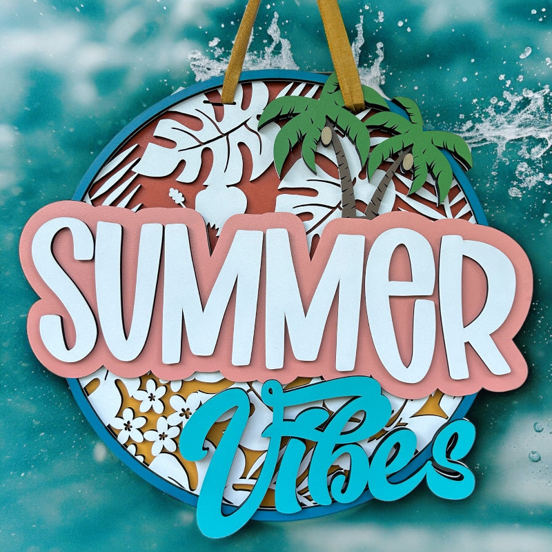 Summer vibes finished door sign with water in the background.