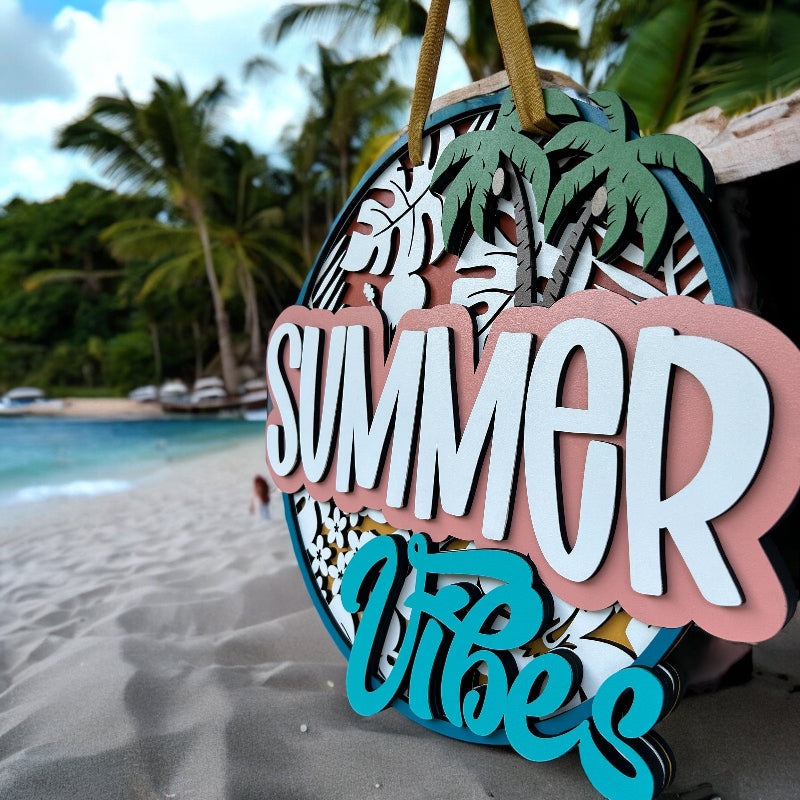 Summer vibes door sign with a beach scene.