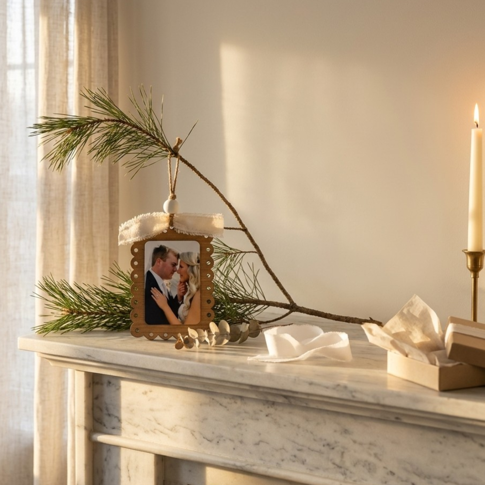 Decorative photo ornament with a couple on a marble surface with greenery and candles.