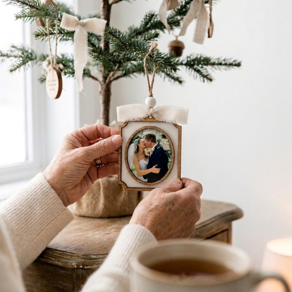 Person holding a Christmas ornament with a couple's photo in front of a decorated tree.
