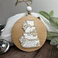 Just Married Cake ornament with the year the bride and groom had their wedding.