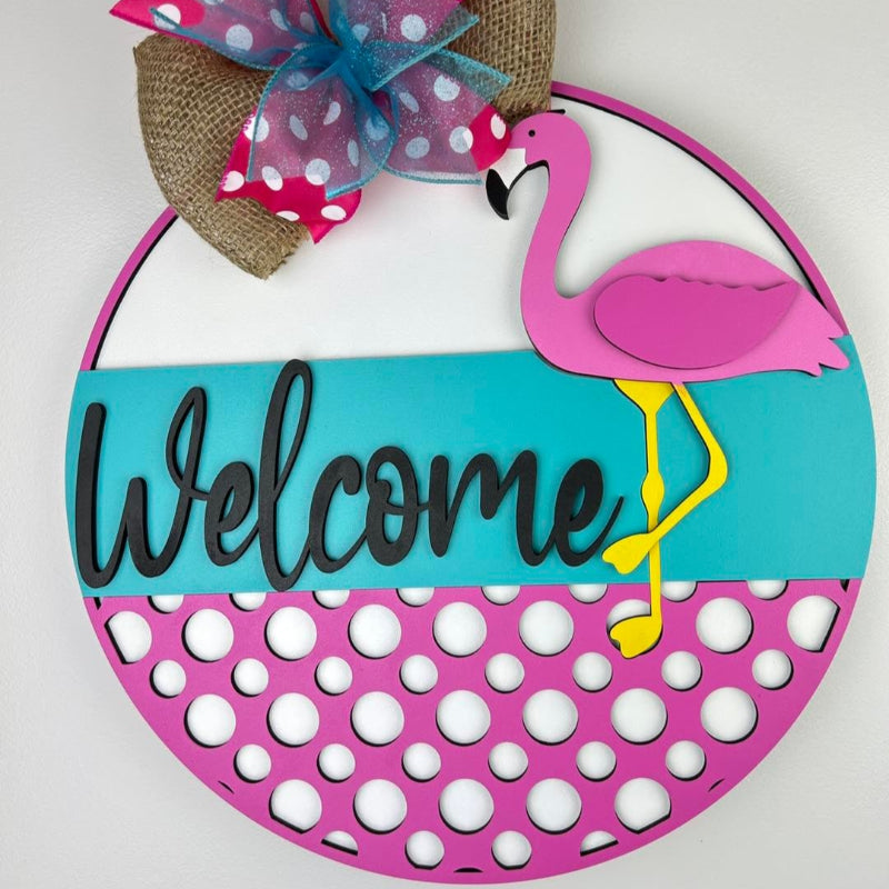 Flamingo and polka dots summer door sign.